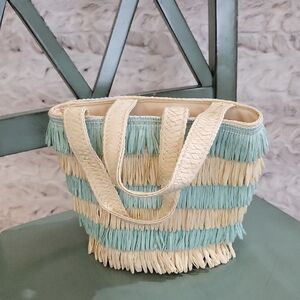 Summer Vaca Straw Aqua Fringe Petite Purse, Tote, Boho, Coastal Grandma